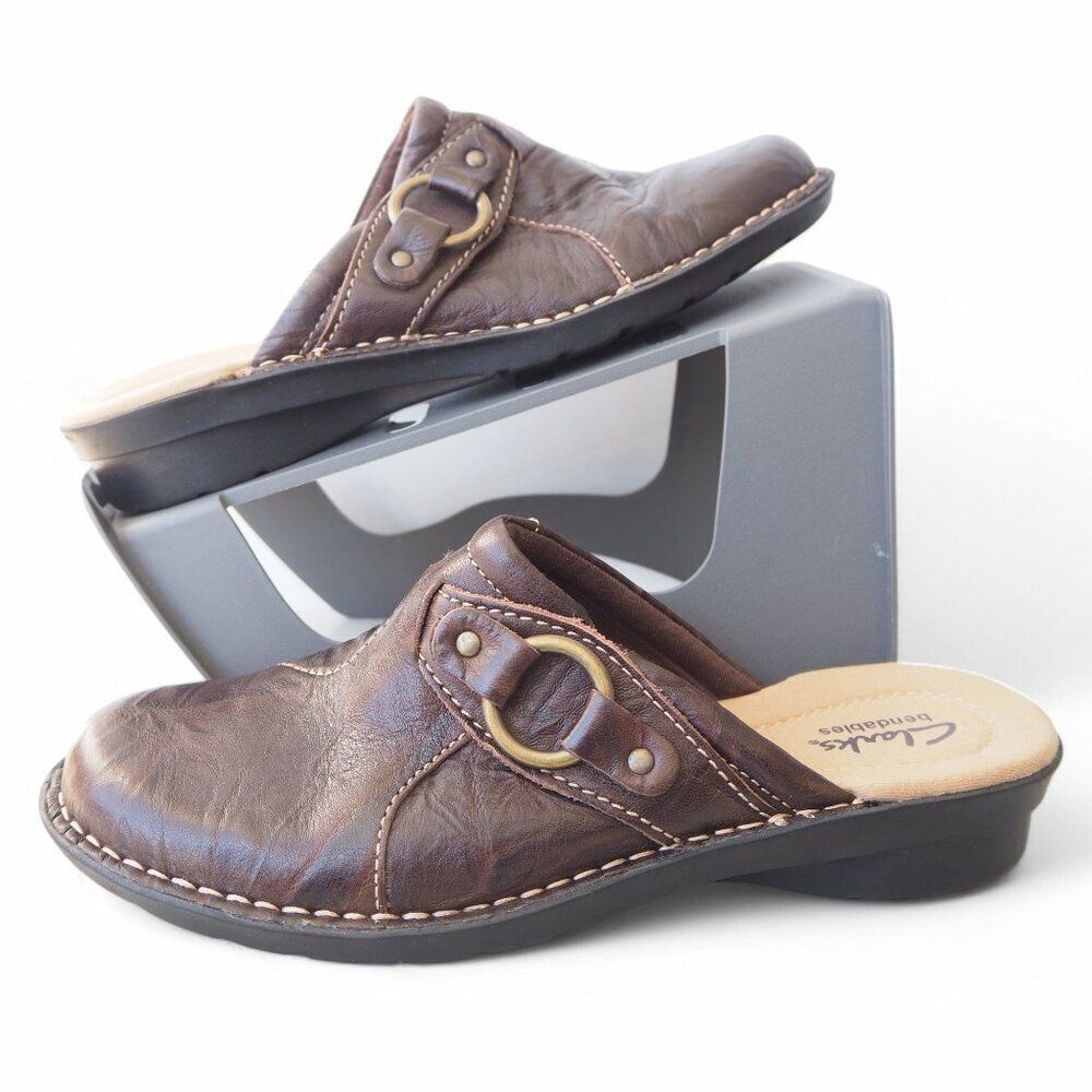 Clarks Bendables Leather Slip-on Mules‎ Brown 60380 Women's 7M